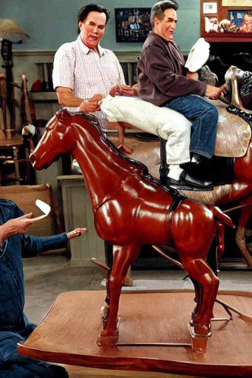 Prompt: a norman rockwell painting of norm macdonald sitting on children's rocking horse on the set of everybody loves raymond