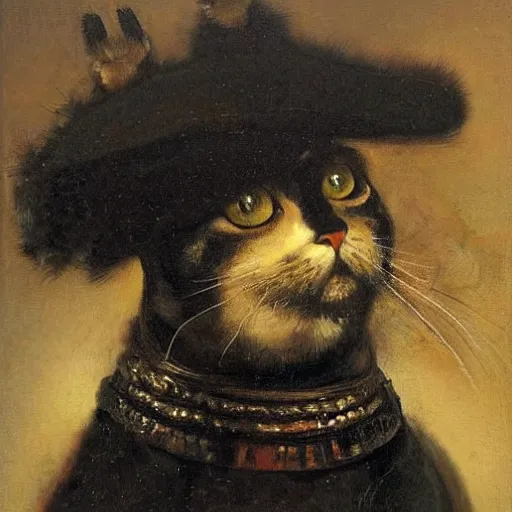 Prompt: oil portrait painting by rembrandt of a cat wearing a morion helmet.