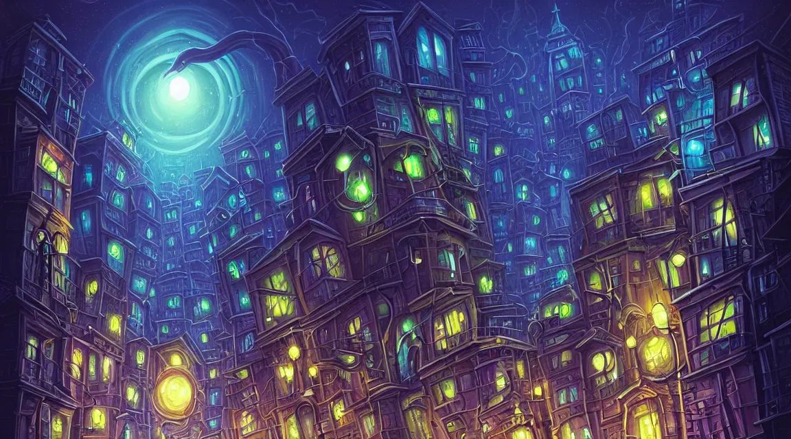 Image similar to street level view of a lovecraftian city. lovecraft. lovecraftian city at night by cyril rolando and naomi okubo and dan mumford and ricardo bofill. lovecraftian buildings. lovecraftian landscape. swirly night sky.