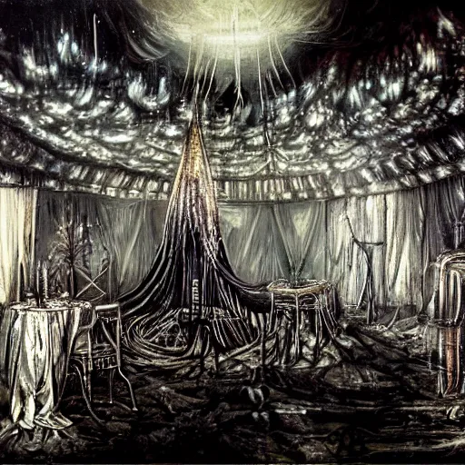 Prompt: painting hr giger tent in a room, floral ornaments, light beams night, scene from fightclub movie