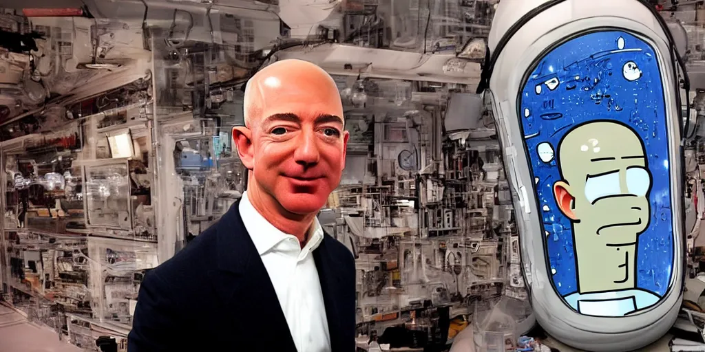 Image similar to jeff bezos's head in one of those jar things from futurama