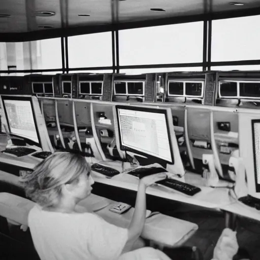 Image similar to 3 5 mm macro photograph of a woman falling off a cruise ship into an ocean of computers browsing facebook