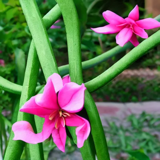 Prompt: studio photograph of a thin green vine creature with vine limbs and a pink blooming flower bulb with many sharp teeth