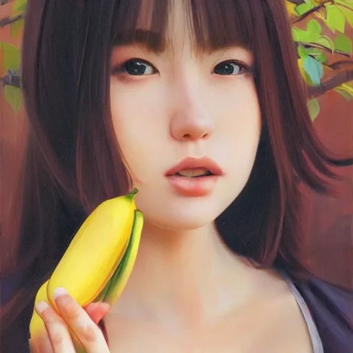 Prompt: oil painting by ilya kuvshinov,, baugh casey, rhads, coby whitmore, of a youthful japanese idol, long hair, holding banana, outdoors, highly detailed, breathtaking face, studio photography, dawn, intense subsurface scattering, blush, supple look, innocence, intense sunlight