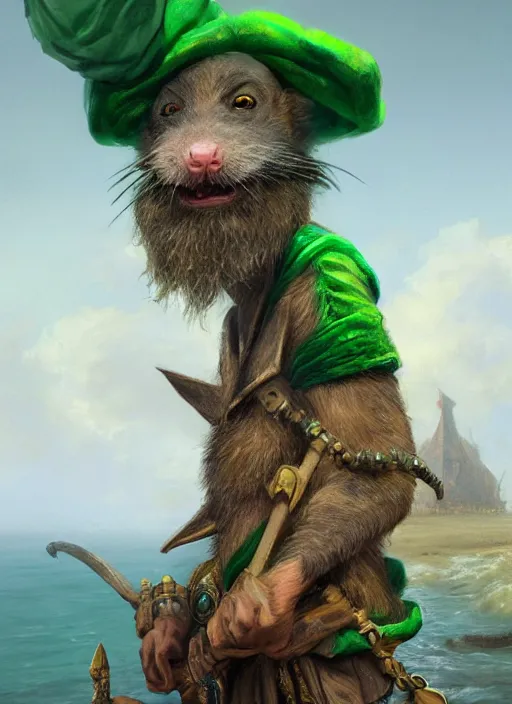 Image similar to humanoid rat with beard, serious, mean eyes, wearing jewelry, tricorne hat, green robe, D&D, digital art, detailed face, highly detailed, trending on artstation, 4k, sea in the background, art by greg rutkowski