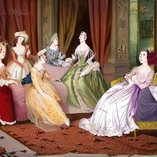 Image similar to a social gathering with major noblewomen wearing extravagant dresses, reclining on feather pillows, sipping tea and gossiping while eating lemon cakes.