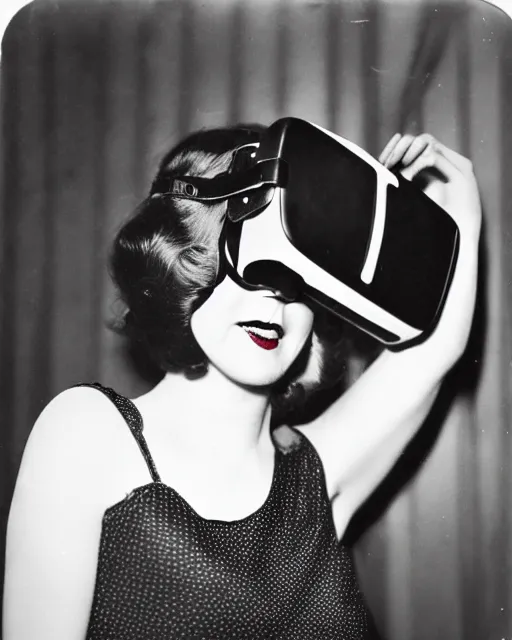 Image similar to 1 9 2 0 s photo of a flapper girl wearing a vr headset on a stage in a speakeasy