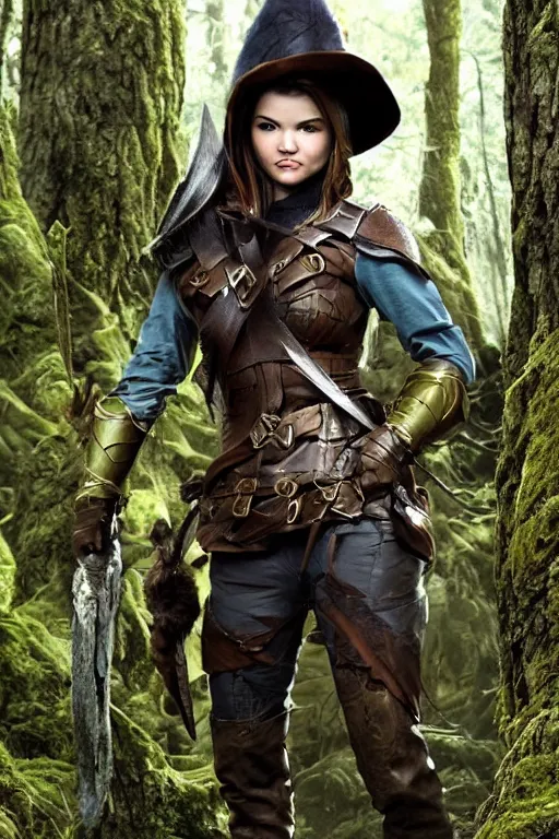 Prompt: fantasy character photo. female ranger. danielle campbell. facial expression of manic obsessive love. tall, lanky, athletic, wiry. brown & dark forestgreen leather armor. crooked little feathered hat, lightgreen, worn at jaunty angle. black hair in ponytail. bright blue eyes. consulting in secret with an unseen, shadowy informant