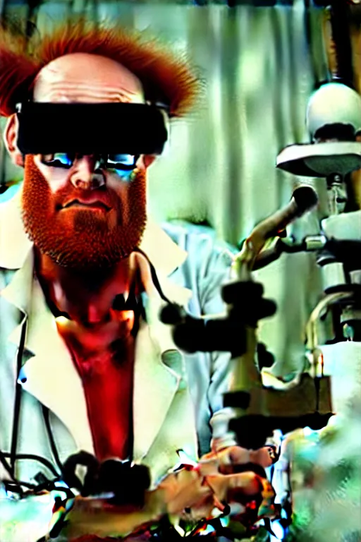 Image similar to an awkwardly tall scientist with 3 eyes and a tangled beard and unruly red hair atop his balding head wearing a labcoat and welding goggles and holding a beaker, high resolution film still, movie by Ivan Reitman