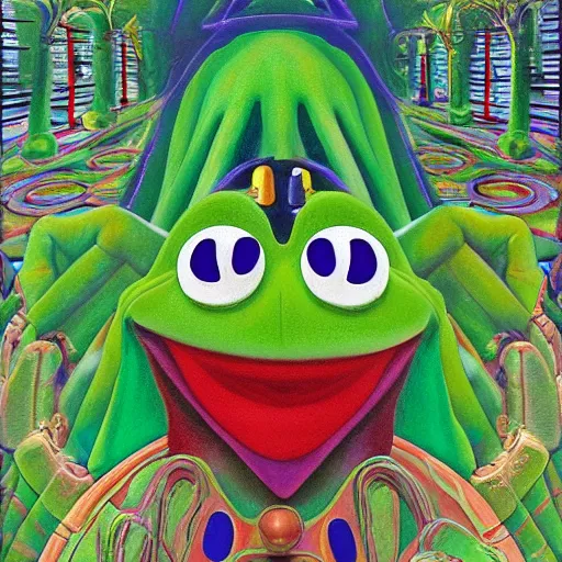 Prompt: kermit the frog as a holy sacred god enlightened on acid in the labyrinth woods as a masterpiece painting by john chamberlain and judy chicago, trending on art station