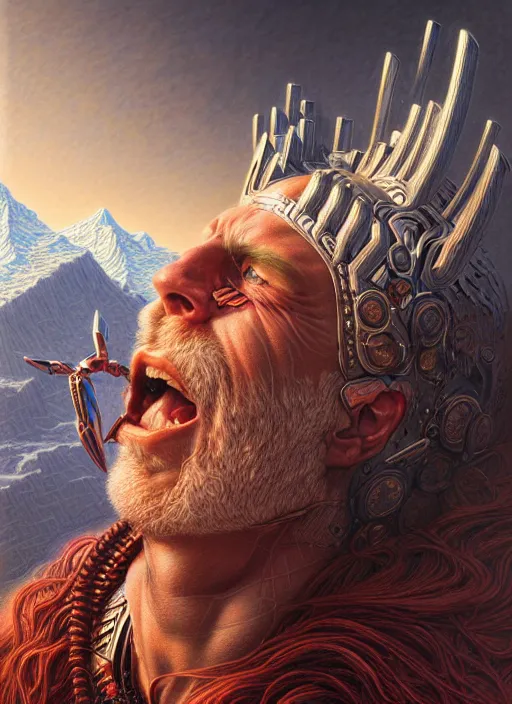 Prompt: portrait of god of thunder, hyper detailed masterpiece, mountain background, jean giraud, digital art painting, epic aesthetic, norse, artgerm, donato giancola and tom bagshaw