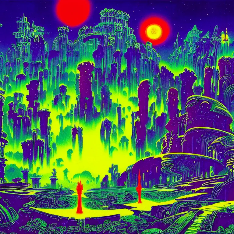 Prompt: psychedelic eternal aurora radiating over desolate ancient ruins, bright neon colors, highly detailed, cinematic, eyvind earle, tim white, philippe druillet, roger dean, lisa frank, aubrey beardsley