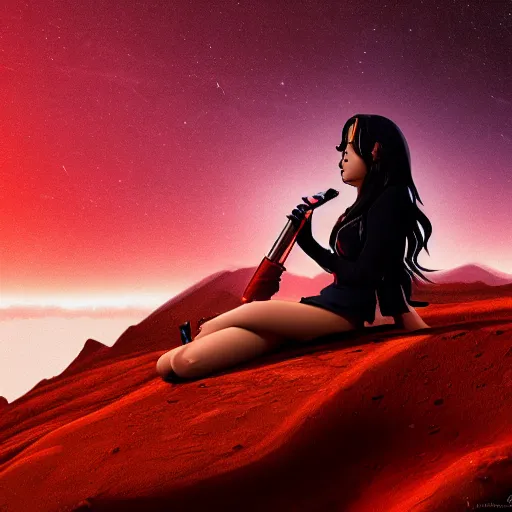 Image similar to Anime still of Lana Del Rey on Mars, sitting on a Martian rock, smoking a cigarette, reddish atmosphere with detailed highlights, dark gloomy sky cascading upon the atmosphere, well-detailed ornate Martian mountains in the background, trending on artstation, 4k, 8k