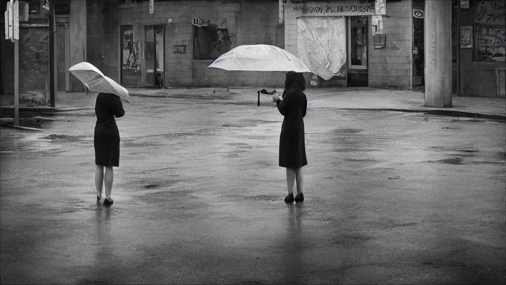 Image similar to “ a woman waiting on the corner holding an umbrella, photography by gregory crewdson ”