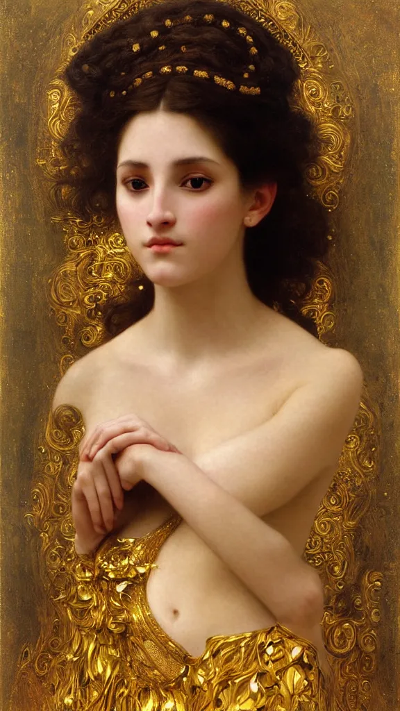 Image similar to painting portrait of a beautiful woman like an ancient goddess, intricate, elegant, digital painting, smooth, sharp focus, shiny gold, realistic gold, realistic metal, by William-Adolphe Bouguereau and Gustav Klimt,