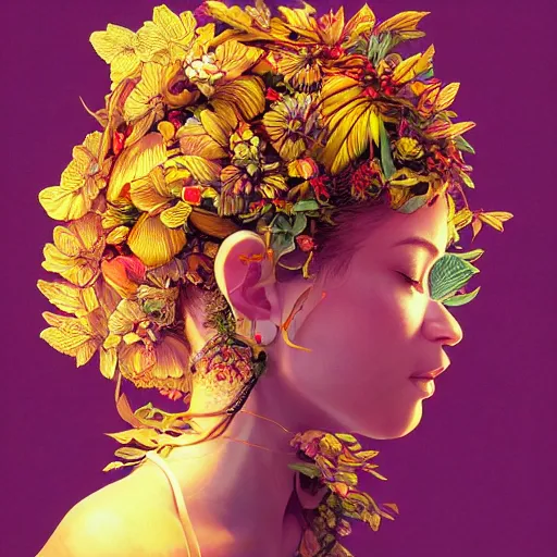 Image similar to the portrait of an absurdly beautiful, graceful, elegant young woman made of bananas and petals looking down, an ultrafine detailed illustration by kim jung gi, irakli nadar, intricate linework, bright colors, octopath traveler, final fantasy, angular, unreal engine 5 highly rendered, global illumination, radiant light, detailed and intricate environment