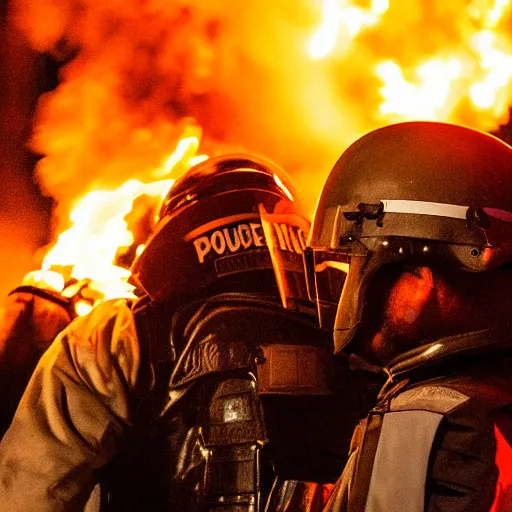 Image similar to portrait of a policeman head on fire during a riot, centered, at night ,editorial photography