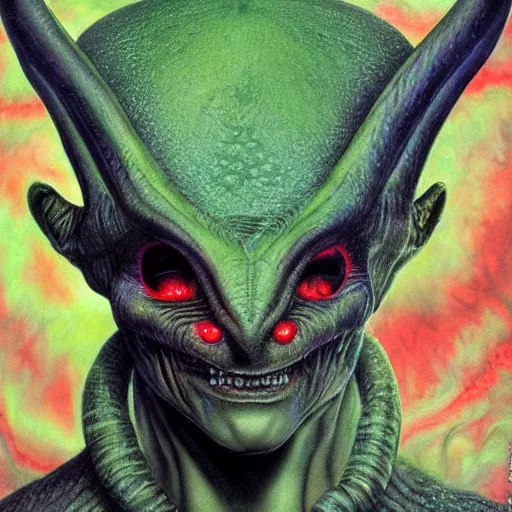 Image similar to realistic alien medium shot portrait with horns, green. red eyes, human eyes, background flames, by wayne barlowe