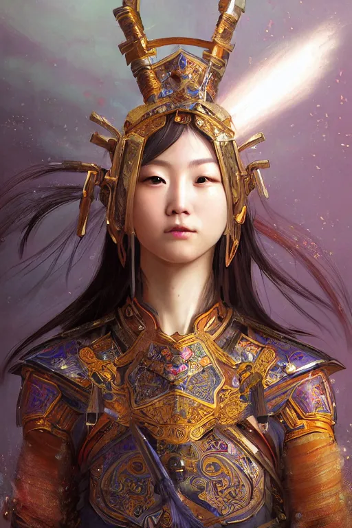 Image similar to beautiful and divine and holy and elite and colorlpunk three kingdom chinese female armor knight portrait like twice tzuyu+shinnyy eyes+front face with light flowing hair, ultradetail face, art and illustration by tian zi and craig mullins and WLOP and alphonse mucha, fantasy, intricate complexity, human structure, human anatomy, fantasy character concept, watermark, blurry, hyperrealism 8k