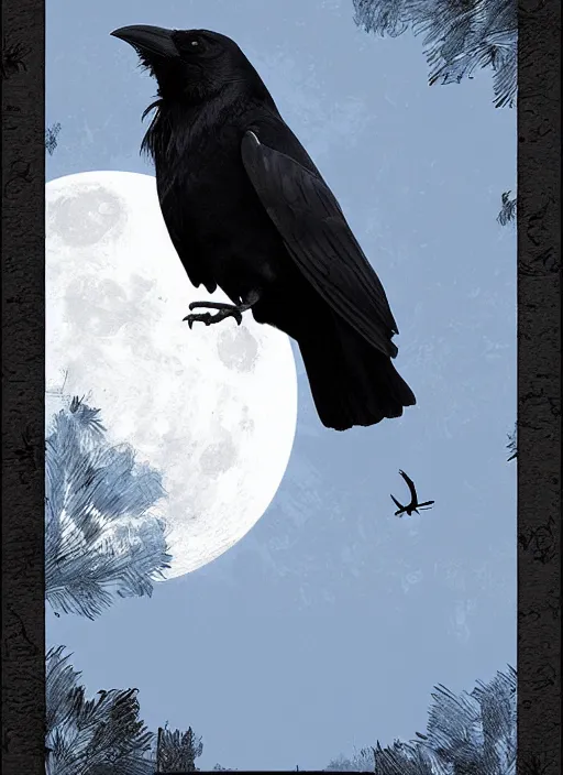 Image similar to book cover, crow in front of the full big moon, realistic colors, digital art