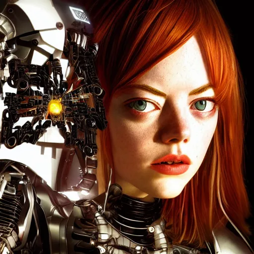 Prompt: beautiful centered Fine art photo portrait of young Emma Stone as a solarpunk robotic humanoid, black mechanical parts with led lights, photorealistic, white background, highly detailed and intricate, outdoor lighting, HDR 8k