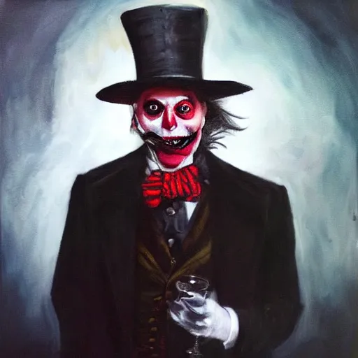 Image similar to elon musk as the grim-hatter with evil mustache grinning, cinematic, dark oil paint, realistic flavor, decaying rich colors!, instagram photo