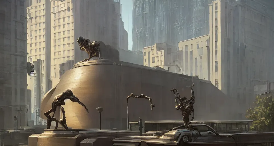 Prompt: cyborg bronze statue stands in the city center. art deco architecture. photorealism, soft light, morning. by greg rutkowski, frank lloyd wright, shaun tan. hyperrealism, dusty, moody, high detail, artstation, digital painting, unreal engine, tonal color scheme.