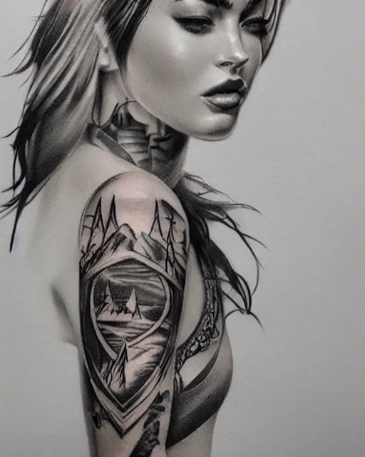 Image similar to tattoo design sketch with double exposure effect of megan fox with amazing mountain scenery, realism tattoo, in the style of den yakovlev, amazing detail, sharp