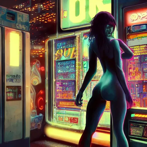 Image similar to extremely detailed realistic render of a cyberpunk girl i spired by ghost in the shell in front of a neon vending machine by James Jean and craig mullins, ArtStation, CGSociety