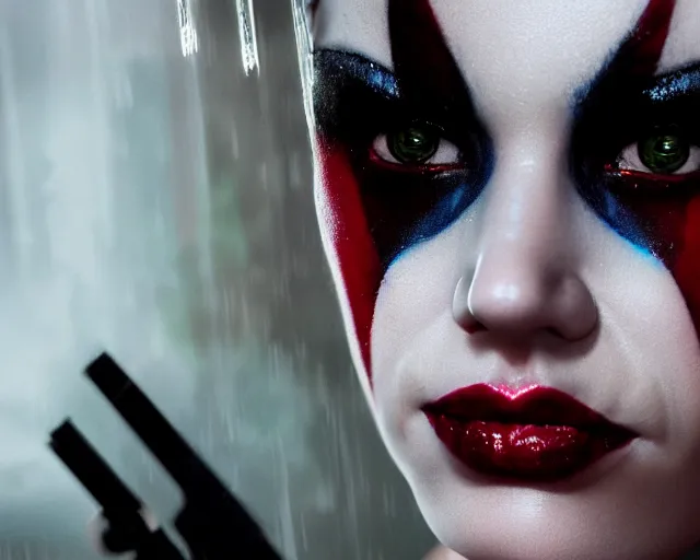 Image similar to closeup headshot of seductive harley quinn in the rain, bladerunner, backlit, night club, futurepunk, gta v, pinup, nagel, arney freytag, dark moody, cinematic, greg rutkowski, octane!