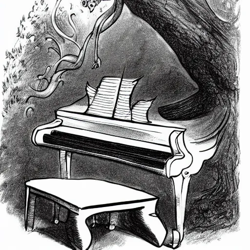 Prompt: a fantasy drawing of a creature that has the body of a grand piano and the feet and tail of a cat, standing in the middle of the woods.