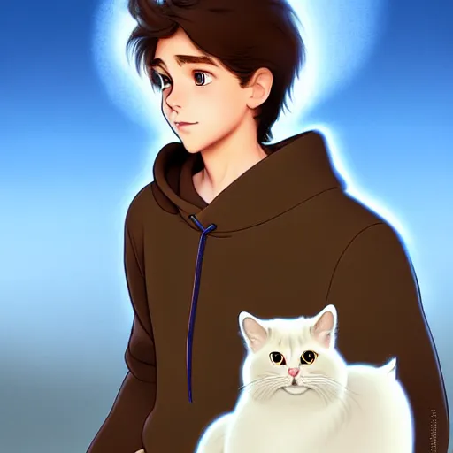 Prompt: teen boy with brown hair and big blue eyes, wearing a hoodie, holding a fluffy white persian cat, natural lighting, path traced, highly detailed, high quality, digital painting, by don bluth and ross tran and studio ghibli and alphonse mucha