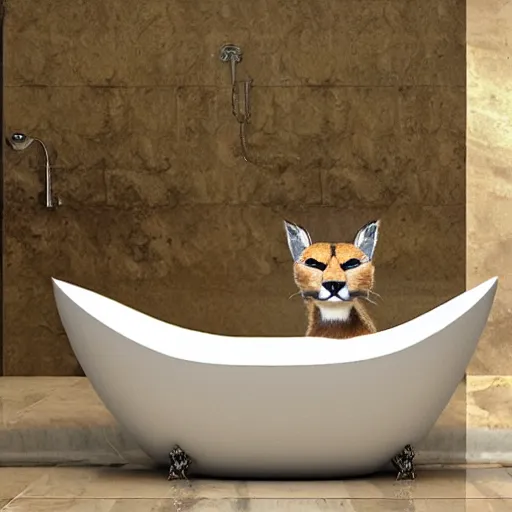 Image similar to cute caracal in bathtub, by Tristram James Ellis, Michelangelo