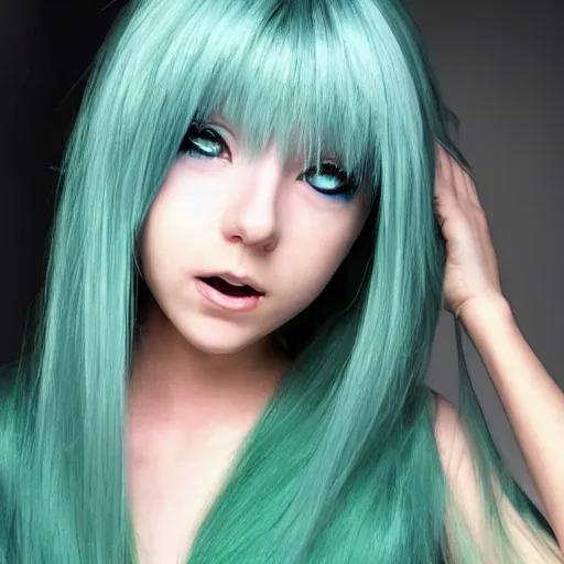 Prompt: anime girl with green hair, full head and hair in shot