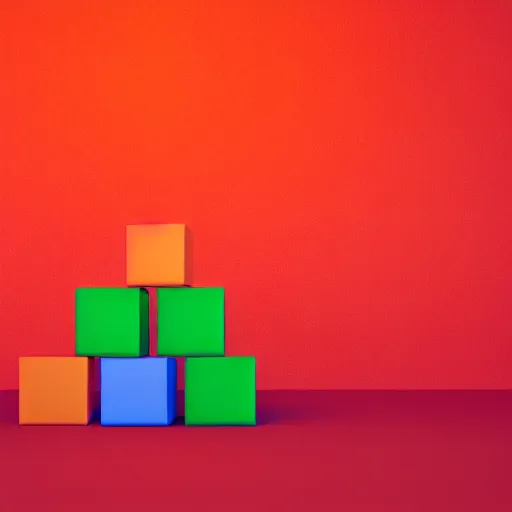 Prompt: a 3 d render of a stack of green cubes on the left and an orange ball on the right in a red room, blender, ue 5, octane render, trending on artstation