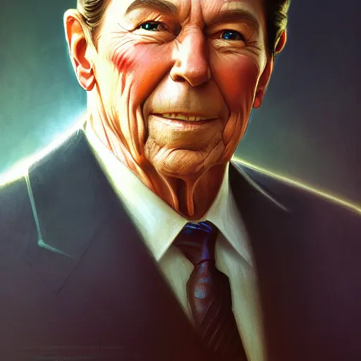 Image similar to portrait of ronald reagan, intricate, elegant, highly detailed, digital painting, blue light, artstation, concept art, smooth, sharp focus, illustration, art by artgerm and greg rutkowski and alphonse mucha and william - adolphe bouguereau