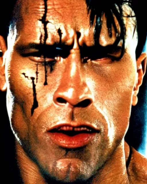Image similar to Film still close-up shot of Dwayne Johnson as Arnold from the movie Terminator 2. Photographic, photography