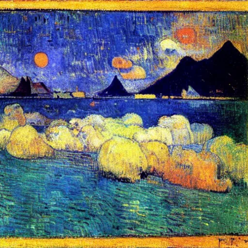 Prompt: view of tahiti at Night by gauguin, by piet mondrian