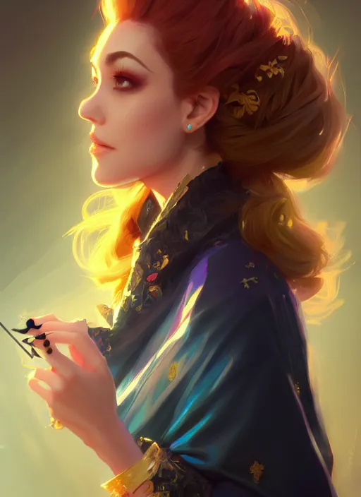 Image similar to female magician, wide angle view, flowers, blue, black, pink, gold, diamonds, highly detailed, artgerm, cushart krenz, artstation, soft light, sharp focus, illustration, character design, concept art