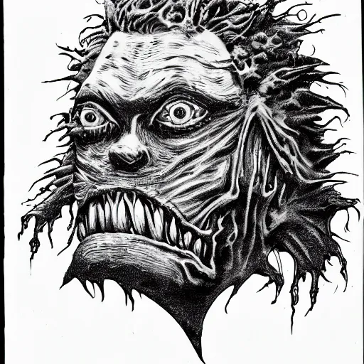 Image similar to a Pop Wonder scary horror themed goofy-hilarious-swamp-bog-monster-spaced-out-dead-head-with-space-in-his-oraphus, 3-piece-suit, dime-store-comic drawn with charcoal and pen and ink, half-tone-line-stacking