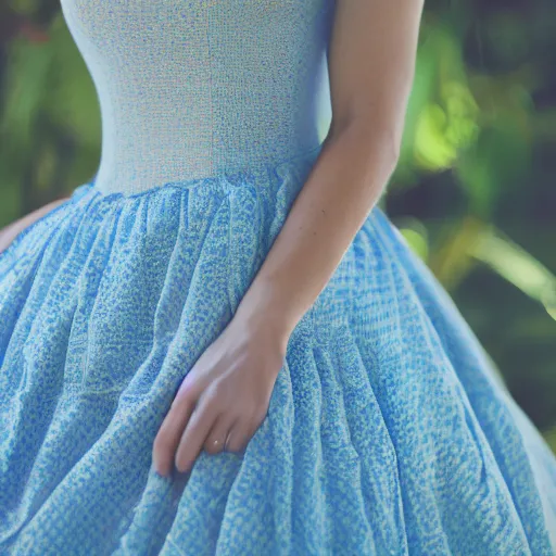 Image similar to portrait of a lady wearing a light blue dress, light, airy, garden, photorealistic, extreme detail, sharp focus, 8 k, intricate, hyper detailed, realistic, cinematic lighting