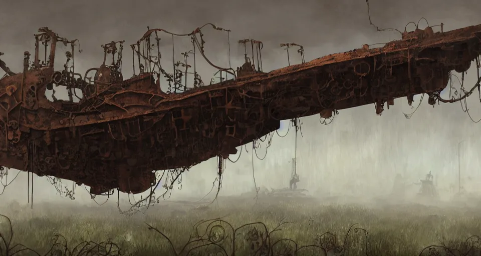 Prompt: rusty broken steampunk flying ship taken by ferns and vines, steppe, misty background, from the game pathologic 2, highly detailed, sharp focus, matte painting, by studio ghibli, by su jeong ahn, by isaac levitan and asher brown durand,