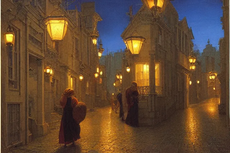 Prompt: winding street at twilight in a very old very beautiful city by George Price Boyce and Donato Giancola and William Dyce, glowing paper lanterns, strong dramatic cinematic lighting , ornate tiled architecture, lost civilizations, smooth, sharp focus, extremely detailed