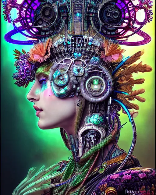 Image similar to hyperrealistic detailed portrait of a beautiful goddess in a cyber headdress, intricate cyberpunk neon make - up, art by ernst haeckel, nekro borja, alphonso mucha, h. r. giger, ornamental gothic - cyberpunk,