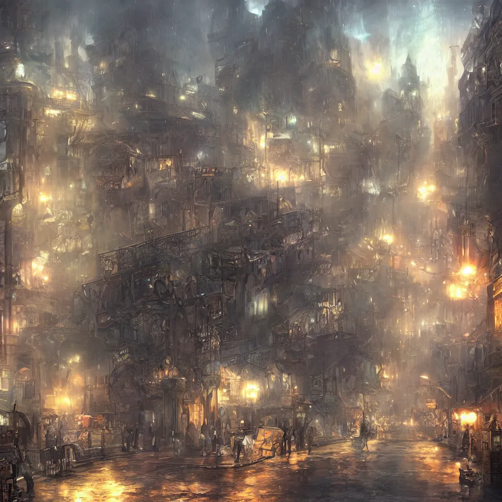 Prompt: steam punk city under attack, concept art, magic, light rain