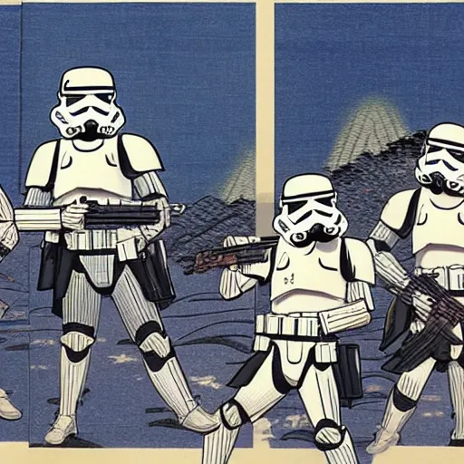 Image similar to star wars stormtroopers in battle, in the style of ando hiroshige, ukiyo - e