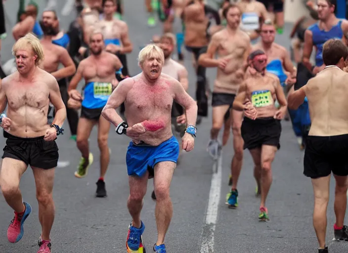 Prompt: shirtless boris jhonson running marathon hairy hands in air