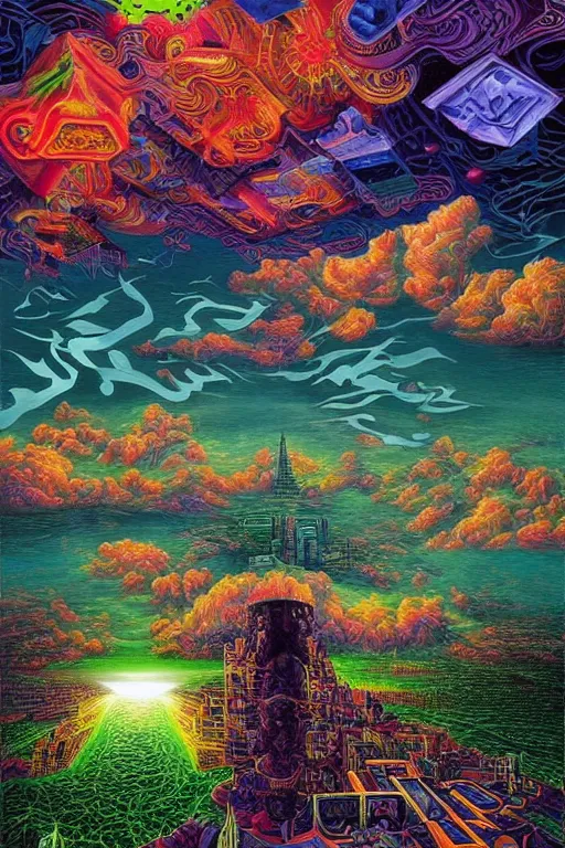 Prompt: psychdelic city dreamworld in the clouds, surrealist and abstract digital art trending on artstation by artist Rob Gonsalves and Mark Riddick supreme peace immense knowledge black green mint lime yellow deep maroon red dmt art