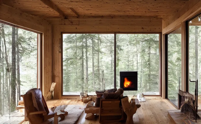 Image similar to rustic modernist cabin living room, large window with a view of a forest, white walls, oak wood timberwork, feng shui, fire place, bohemian, german style, cozy, swedish design