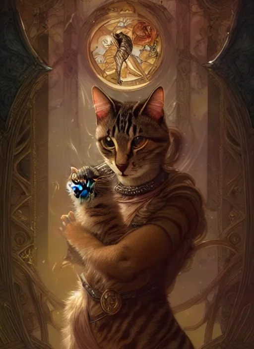 Prompt: photography of a cat tarot card, deep focus, d & d, fantasy, intricate, elegant, highly detailed, digital painting, artstation, concept art, matte, sharp focus, illustration, hearthstone, magic the gathering, art by artgerm and greg rutkowski and alphonse mucha